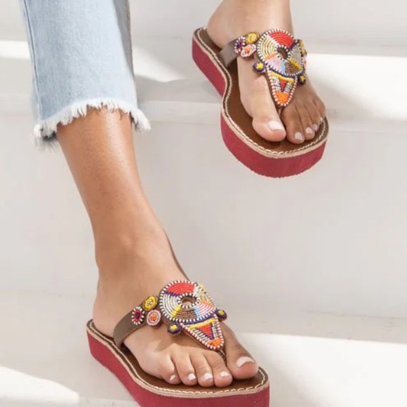 Anthropologie New Shibli SSR Leather Sandal Red Mix laidback London sandal 🌈 - Picture 6 of 11